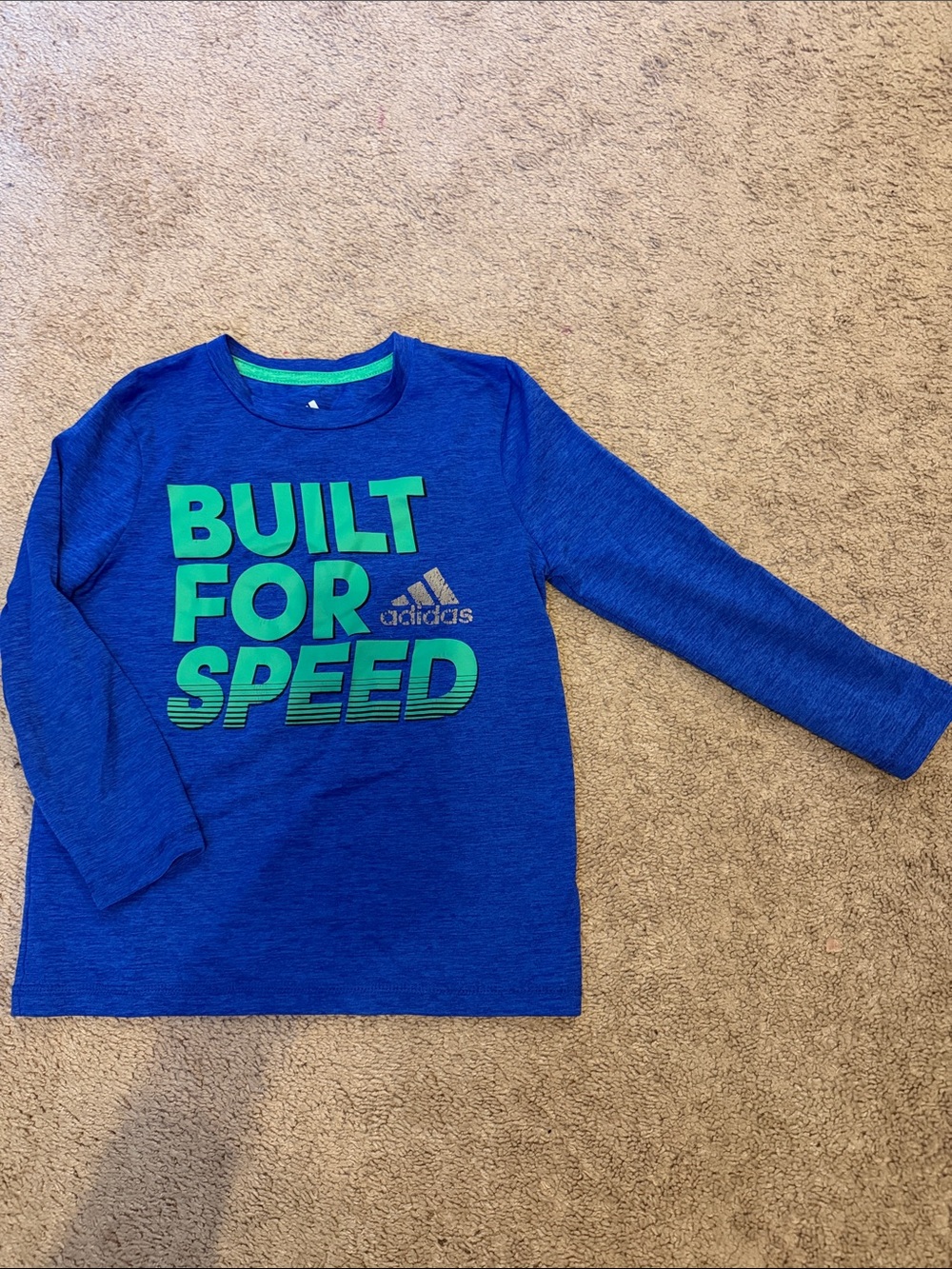 adidas Blue Long Sleeve Dry Fit Kids Tee with Green 'Built For Speed' Graphic